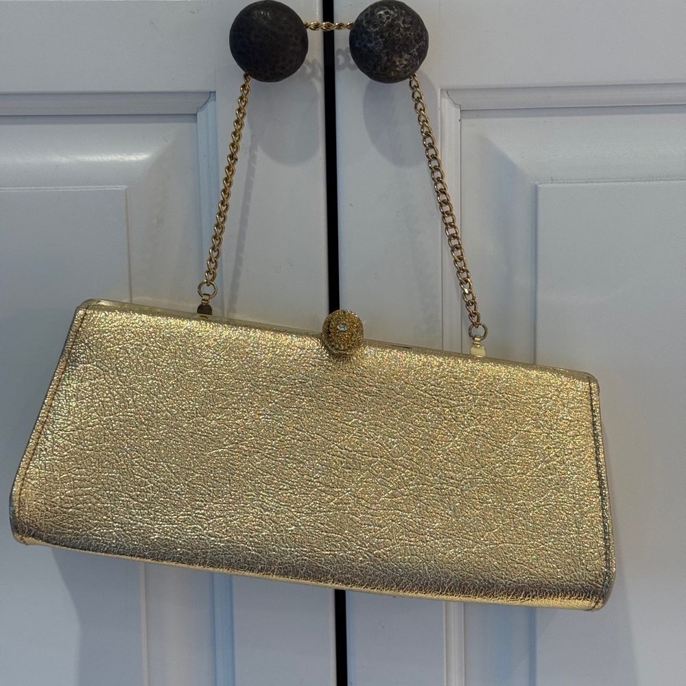 Gold Metallic Chain-Handle Evening Clutch